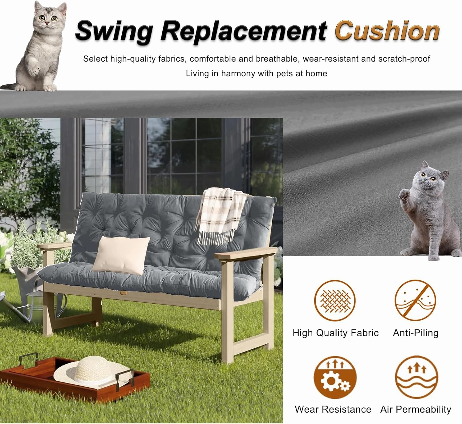2-3 Seat Swing Replacement Cushion, Outdoor Bench Cushions with Backrest Thicken 4", Patio Furniture Garden Porch Loveseat Glider Pad Anti-Fading Waterproof (French Grey, 40x40in)