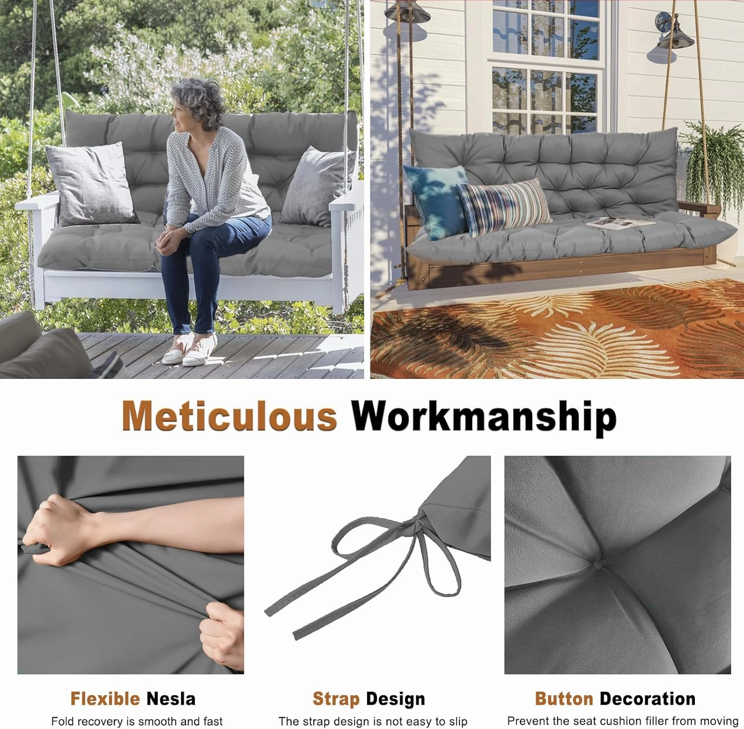 2-3 Seat Swing Replacement Cushion, Outdoor Bench Cushions with Backrest Thicken 4", Patio Furniture Garden Porch Loveseat Glider Pad Anti-Fading Waterproof (French Grey, 40x40in)
