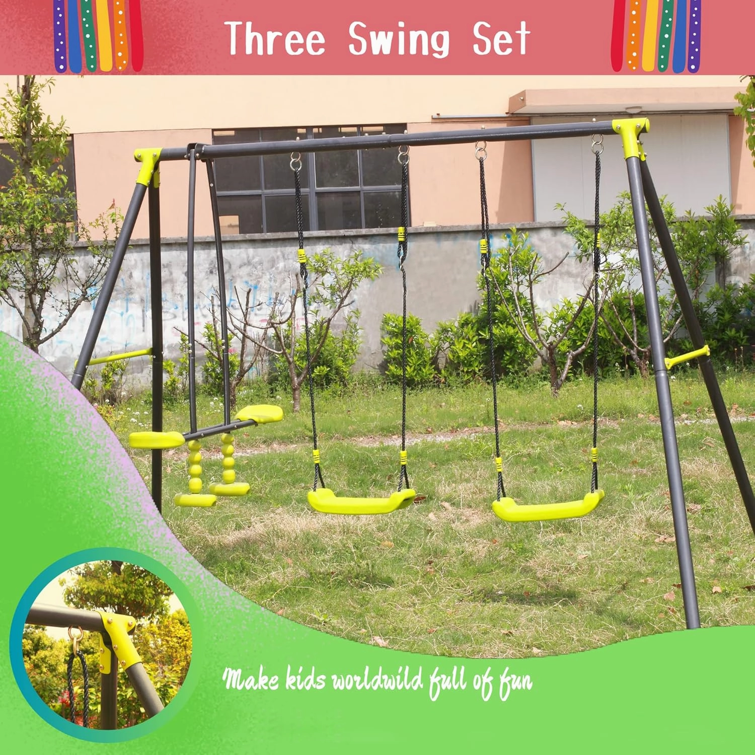 2 in 1 Multifunction Kids Outdoor Swing Set With Adjustable Swings and Glider, 330 lbs Heavy Duty Metal Stand for Backyard and Playground, Black & Green