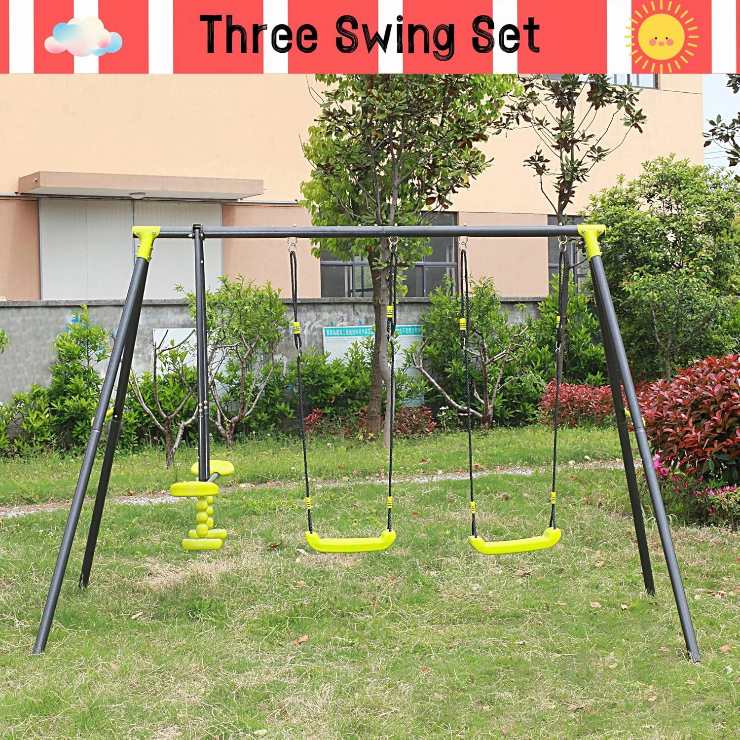 2 in 1 Multifunction Kids Outdoor Swing Set With Adjustable Swings and Glider, 330 lbs Heavy Duty Metal Stand for Backyard and Playground, Black & Green