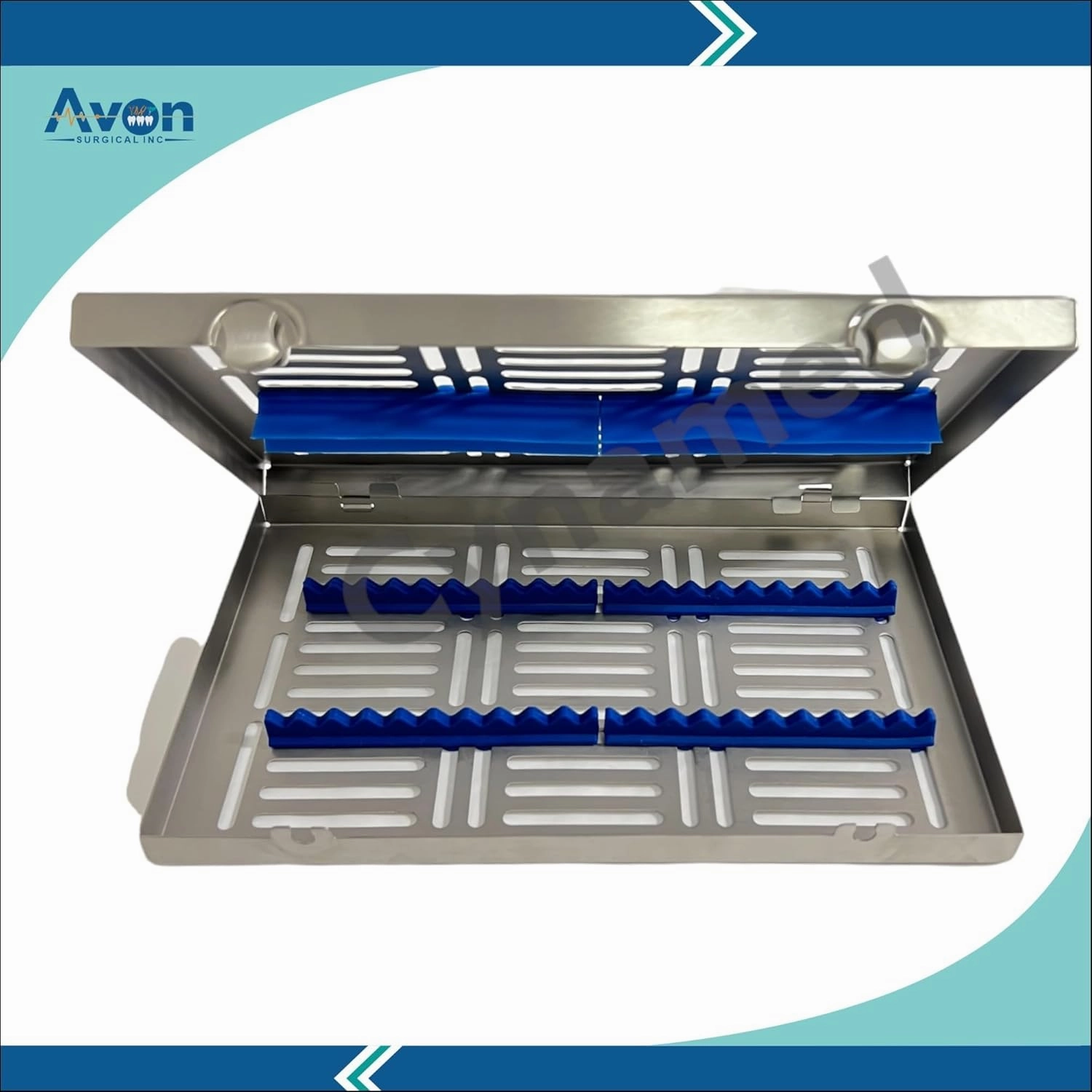 2 Pack | 1in L x 7in W x 7in H Sterilization Cassette with Silicone Inserts & Double Button Locks with Detachable Lid | Fits 20 Handpieces | German Steel (Blue - 20 Slot w/Buttons)