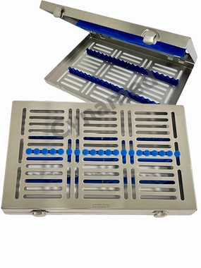 2 Pack | 1in L x 7in W x 7in H Sterilization Cassette with Silicone Inserts & Double Button Locks with Detachable Lid | Fits 20 Handpieces | German Steel (Blue - 20 Slot w/Buttons)
