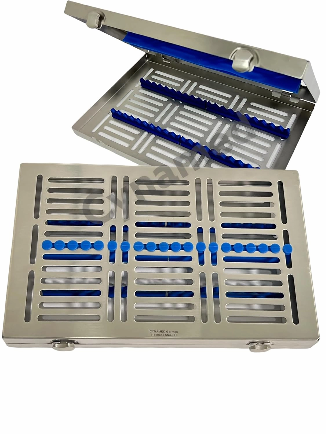 2 Pack | 1in L x 7in W x 7in H Sterilization Cassette with Silicone Inserts & Double Button Locks with Detachable Lid | Fits 20 Handpieces | German Steel (Blue - 20 Slot w/Buttons)