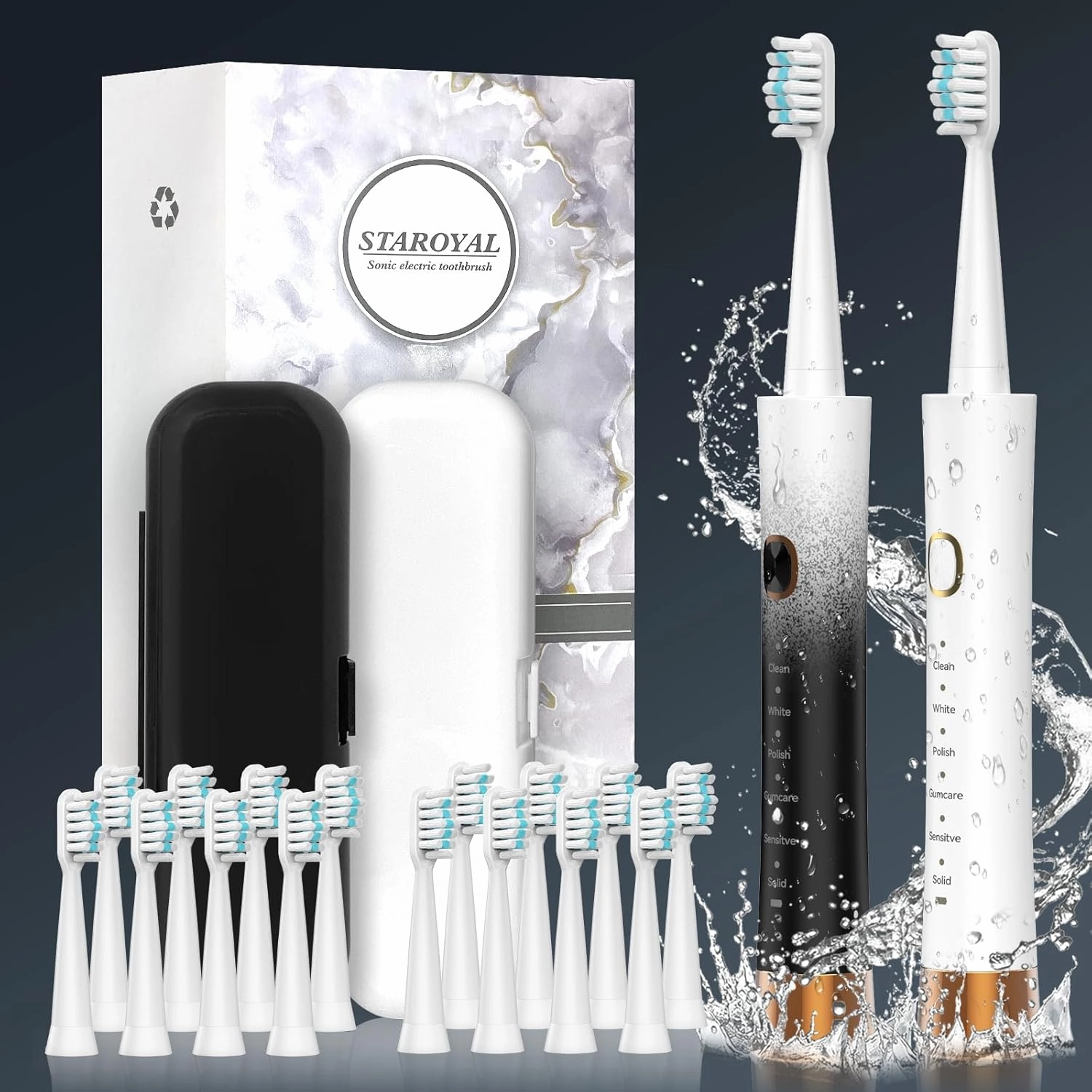 2 Pack Sonic IPX8 Waterproof Electric Toothbrush for Adults with 16 Brush Heads, Battery Powered & Fast Charging, 6 Clean Modes Smart, Smart Time Reminder Travel Electric Toothbrush