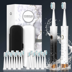 2 Pack Sonic IPX8 Waterproof Electric Toothbrush for Adults with 16 Brush Heads, Battery Powered & Fast Charging, 6 Clean Modes Smart, Smart Time Reminder Travel Electric Toothbrush