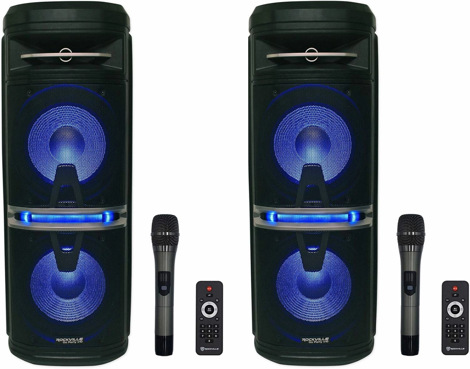 2 Rockville Go Party X10 Dual 10" Wireless Linking Bluetooth Party Speakers Mics
