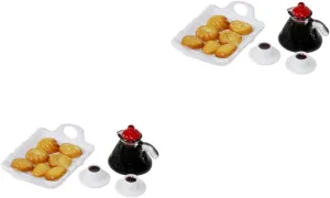 2sets Miniature Food Set Adorable Wear-Resistant Coffee Cup Tray Dollhouse Accessory for Creative Play and Decoration