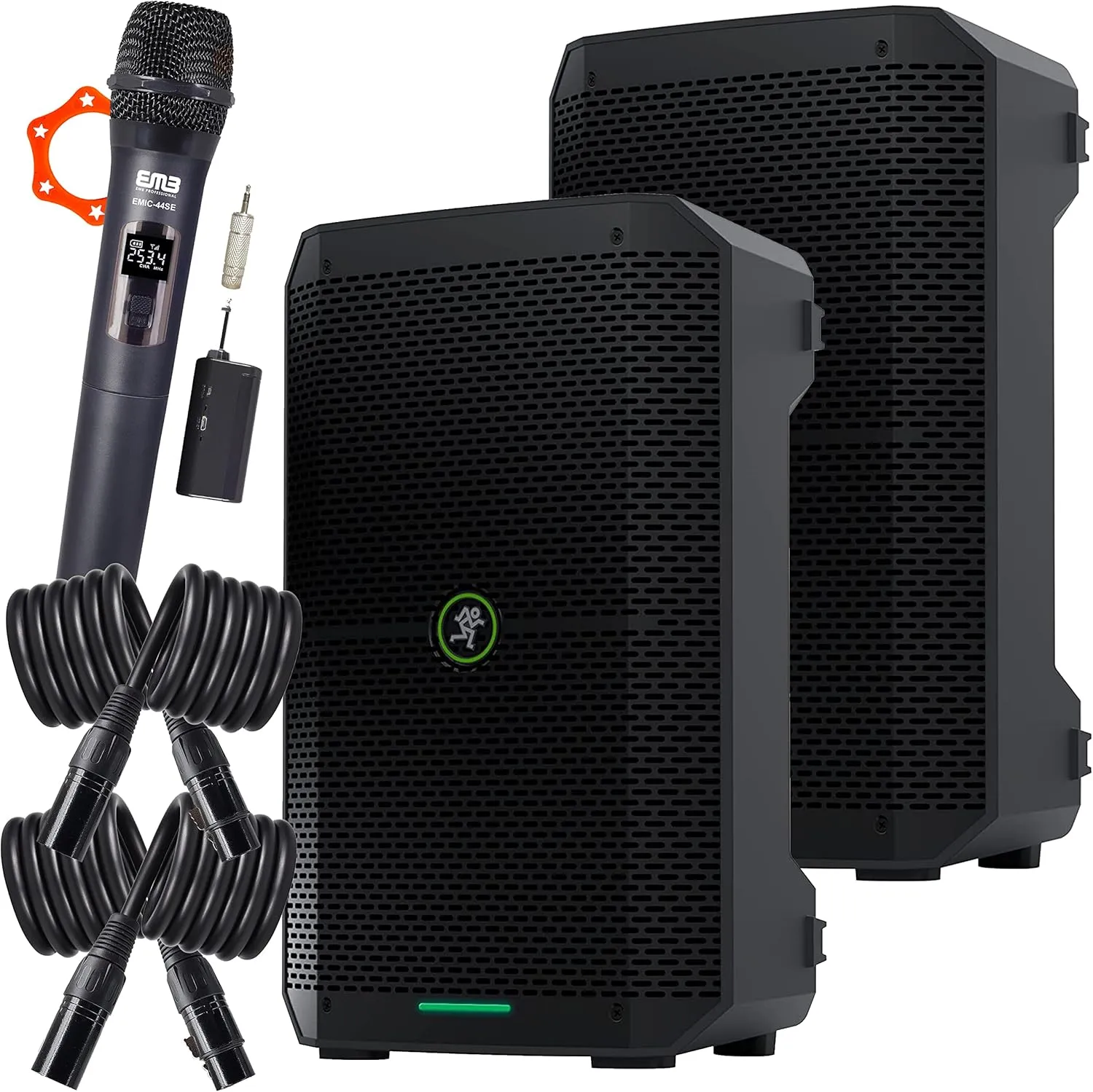 2X Mackie Thump Series, Thump GO 8-Inch Ultra-efficient Class-D Amplifier with Portable Battery-Powered Loudspeaker (Pair) with EMB Cable and EMB Wireless Microphone Bundle