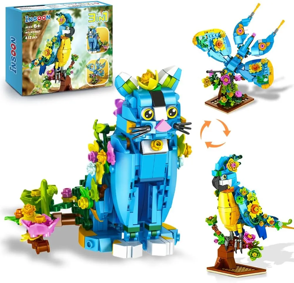 3 in 1 Flower Cat Parrot Butterfly Building Set, Animal Figures Building Toy for Home Office Art Decor, 412 PCS Building Block Easter Gift for Kids Boys Girls Ages 6 7 8 9 10 11 12  Adults