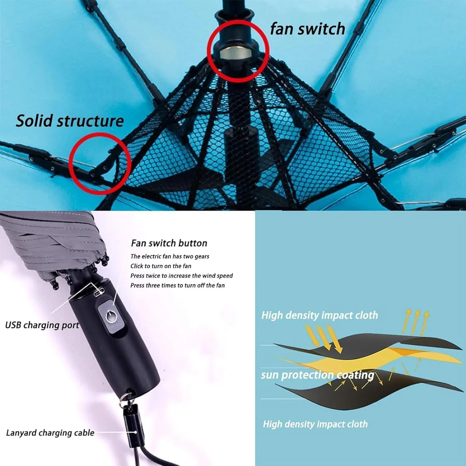 3-In-1 Parasol With Fan And Spray, Fast Cooling Fan Spray Sun Umbrellar, Uv Protection Cooling Rechargeable Parasol, Summer Outdoor Parasol