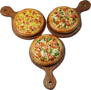 3 Pieces Pizza Miniature on Wooden Tray, Realistic Miniature Pizza Set,Dollhouse Food Dollhouse Kitchen Miniature