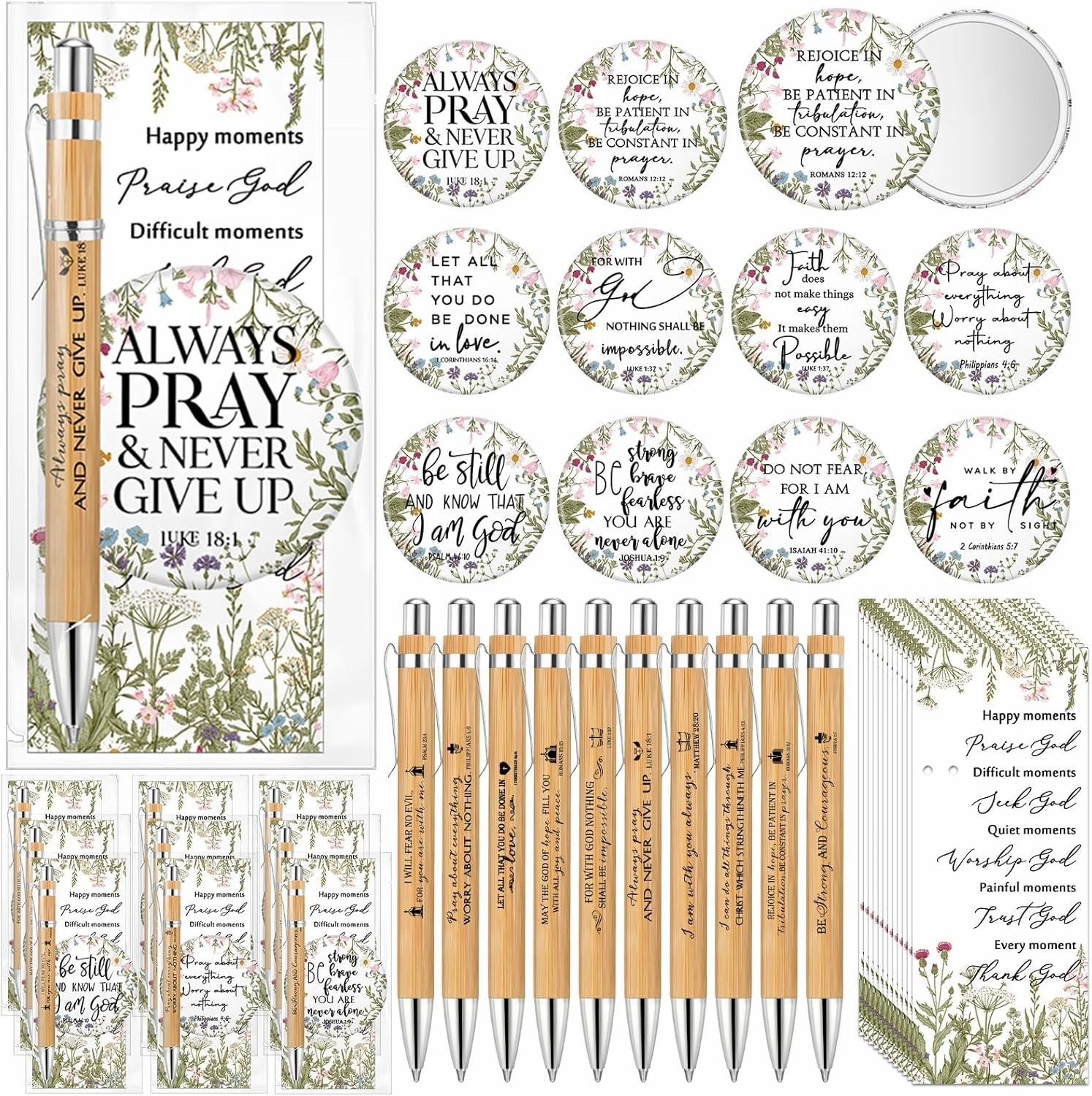 30 Sets Christian Gifts Bulk for Women Mini Compact Mirrors Bible Verse Bamboo Pens Floral Scripture Bookmarks Pocket Makeup Mirrors Inspirational Religious Gifts for Church Ladies Mothers Day