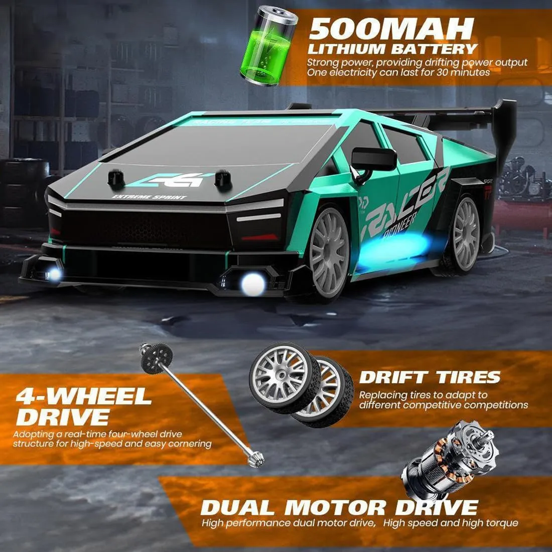 30KM/H RC Drift Car, 1/24 Scale 2.4G 4WD Full Proportional Control RC Sport Car with Roadblocks & Spare Wheels, RC Racing Toy for Racer Hobbyist - 3 Battery
