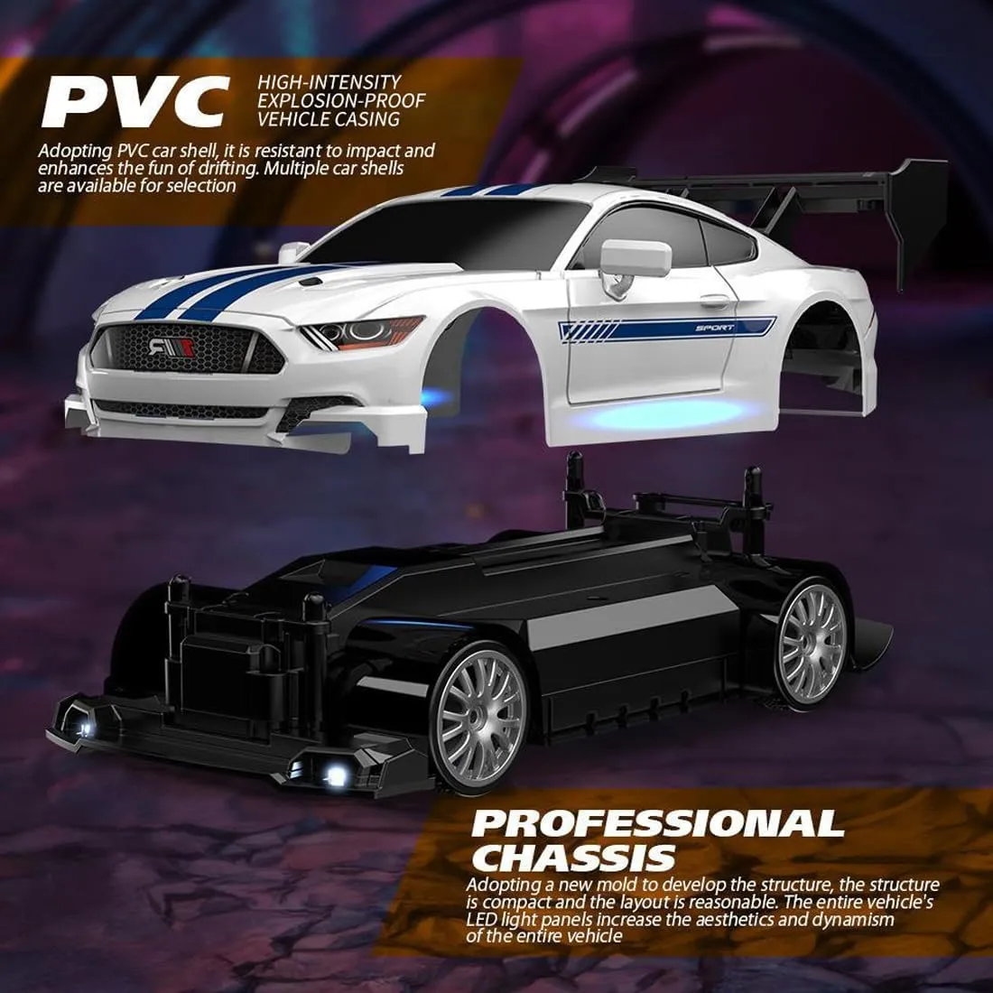 30KM/H RC Drift Car, 1/24 Scale 2.4G 4WD Full Proportional Control RC Sport Car with Roadblocks & Spare Wheels, RC Racing Toy for Racer Hobbyist - 3 Battery