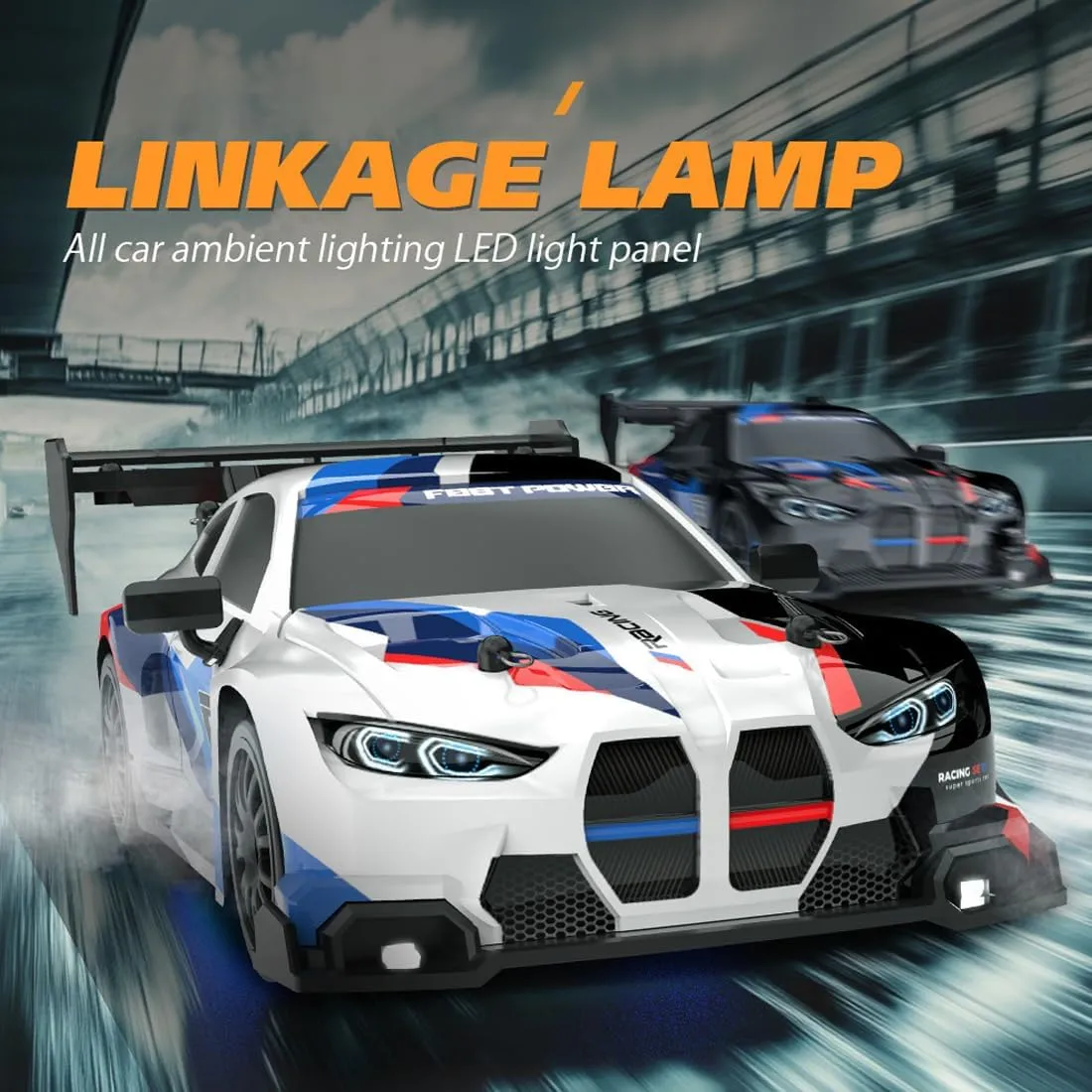 30KM/H RC Drift Car, 1/24 Scale 2.4G 4WD Full Proportional Control RC Sport Car with Roadblocks & Spare Wheels, RC Racing Toy for Racer Hobbyist - 3 Battery