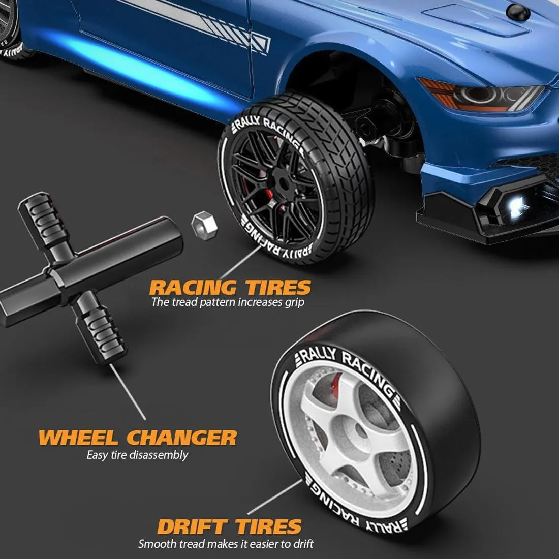 30KM/H RC Drift Car, 1/24 Scale 2.4G 4WD Full Proportional Control RC Sport Car with Roadblocks & Spare Wheels, RC Racing Toy for Racer Hobbyist - 3 Battery