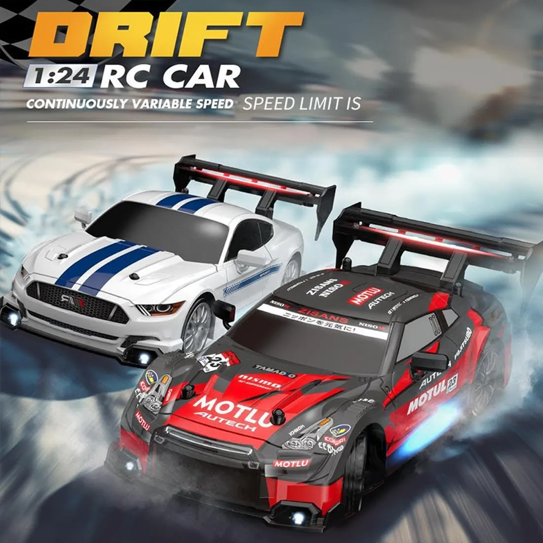 30KM/H RC Drift Car, 1/24 Scale 2.4G 4WD Full Proportional Control RC Sport Car with Roadblocks & Spare Wheels, RC Racing Toy for Racer Hobbyist - 3 Battery