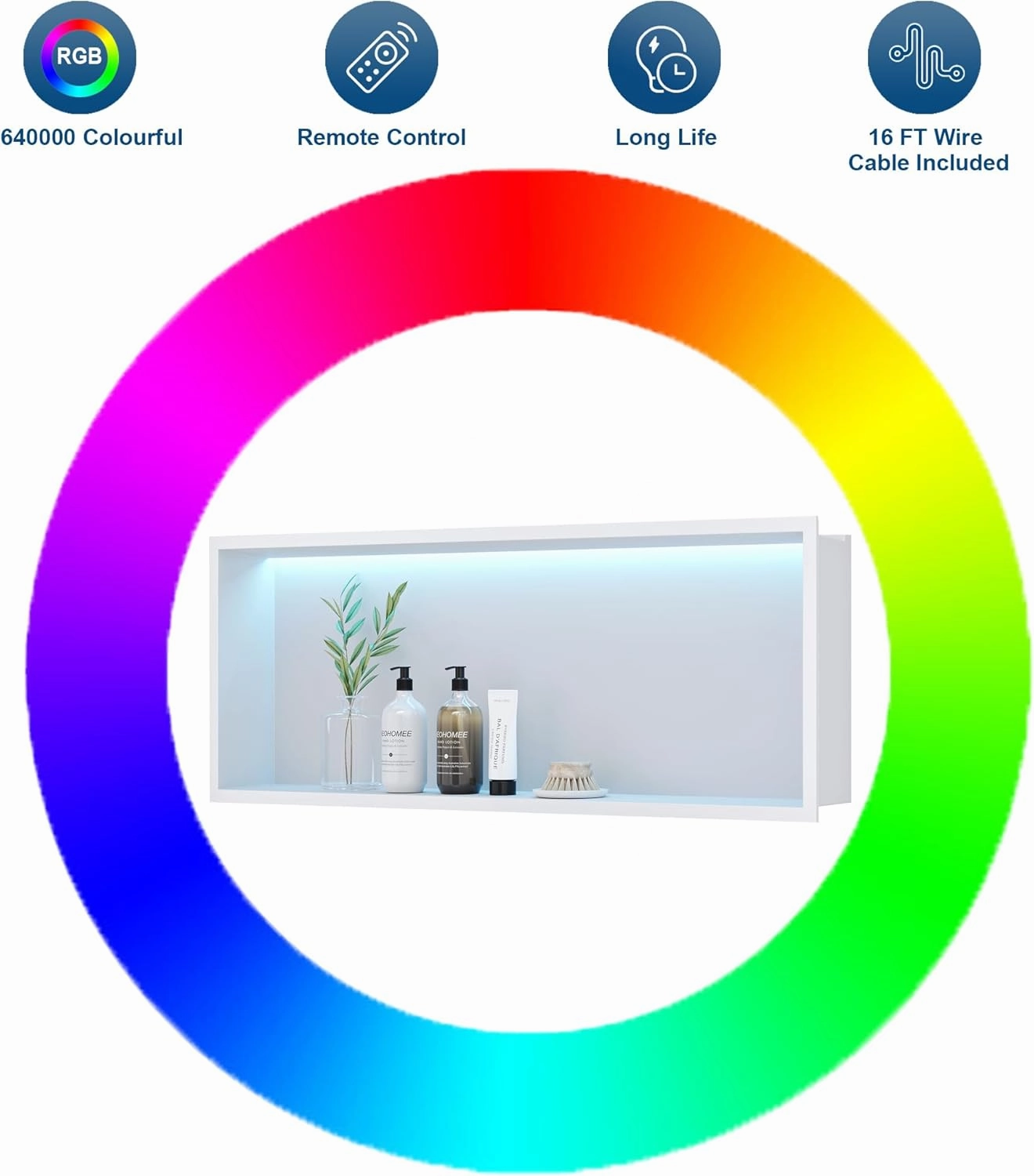 30X12 RGB Shower Niche - White Stainless Steel LED Wall Niche for Bathroom Storage, No Tile Needed Built-in Installation