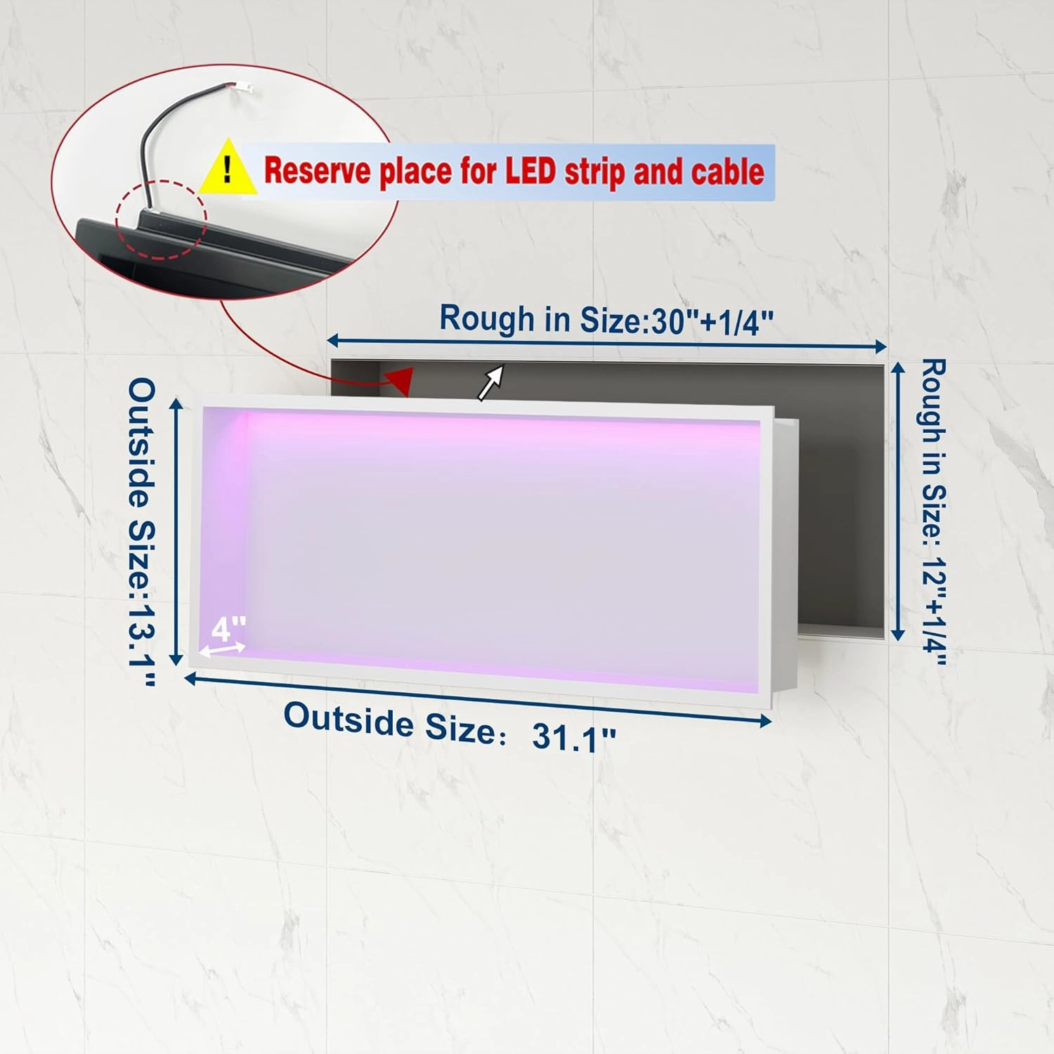 30X12 RGB Shower Niche - White Stainless Steel LED Wall Niche for Bathroom Storage, No Tile Needed Built-in Installation