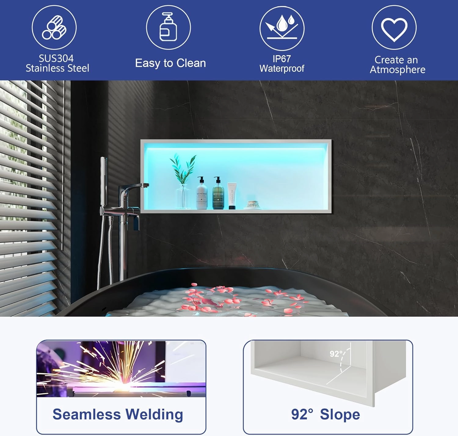 30X12 RGB Shower Niche - White Stainless Steel LED Wall Niche for Bathroom Storage, No Tile Needed Built-in Installation