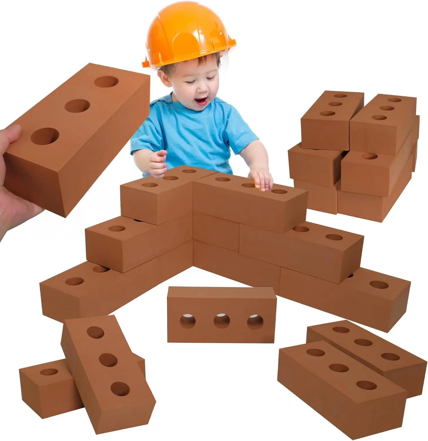 35 Pcs Foam Brick 8 x 4 x 2.4 Inch Building Blocks Large Thick Blocks Circle Holes Fake Brick Stacking Construction Construction Toy for Kids