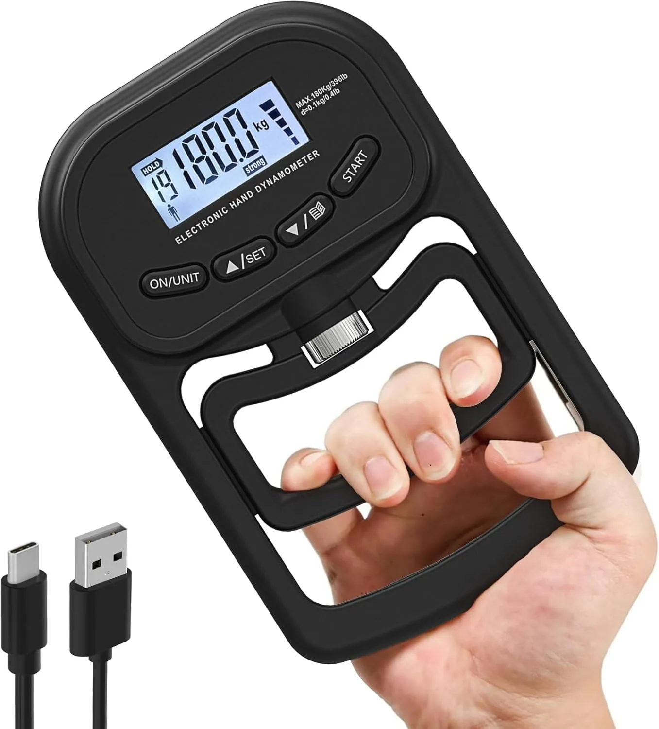 396lbs / 180kg Grip Strength Trainer, Rechargeable Electronic Hand Dynamometer, Digital Grip Strength Tester with LCD Display, Adjustable Hand Grip Dynamometer Hand Exercisers for Strength