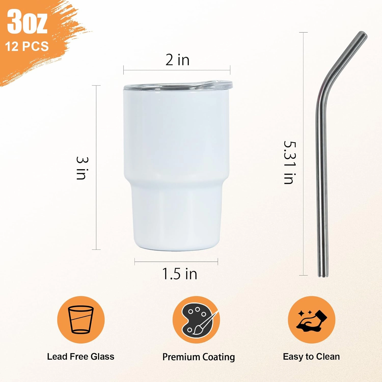 3 oz Mini Tumbler Shot Glass with Straw and Lid 48 Pcs Sublimation Shot Glasses Tumblers Blank Stainless Steel Cute Shot Glasses Set for Wedding Party Whiskey Cocktail Bar, White