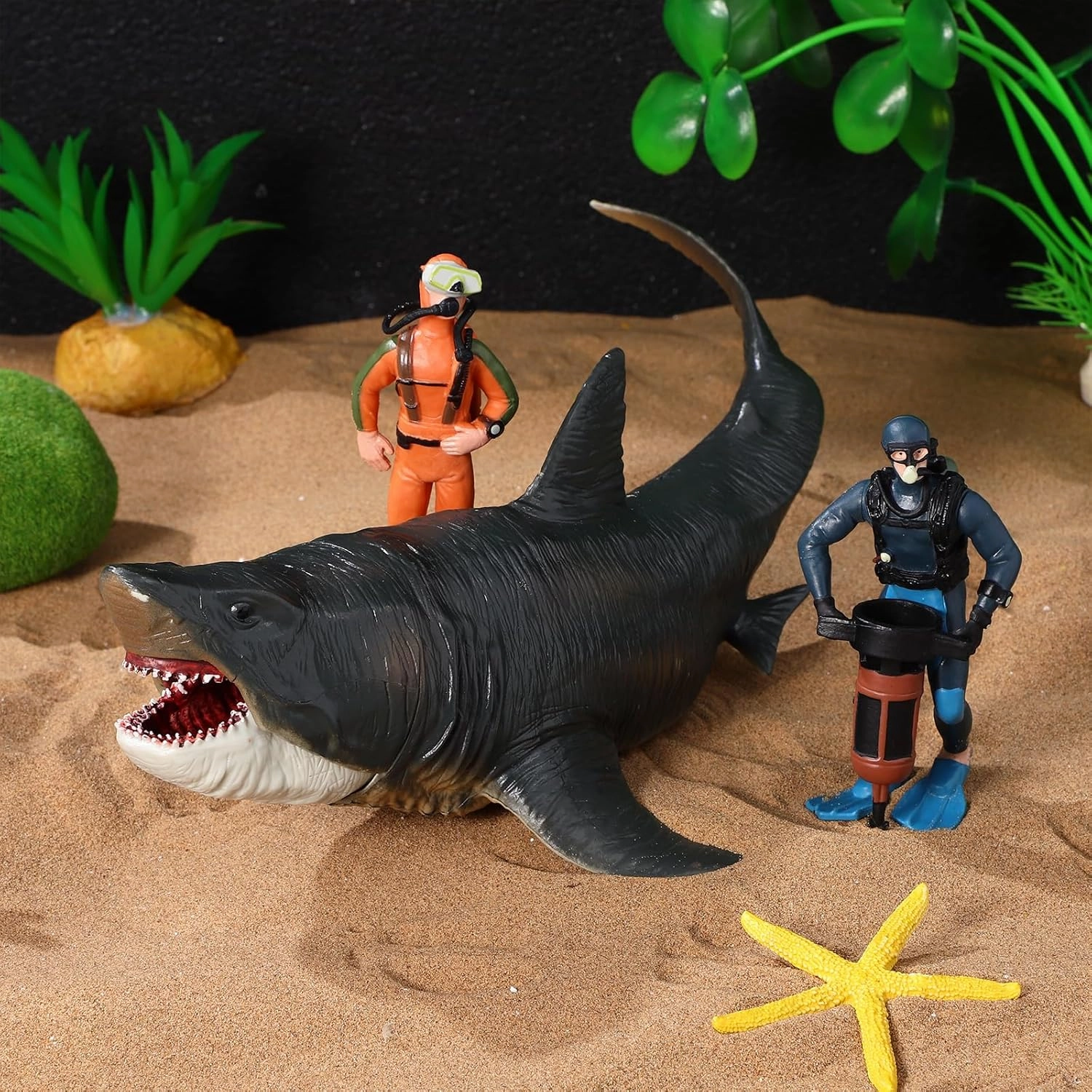 3 Pcs Scuba Diver Toys with Shark Figurines - Miniature Diver Action Figures for Kids - PVC Plastic Models for Decoration - 9.92 X 5.59 X 4.80 Inches