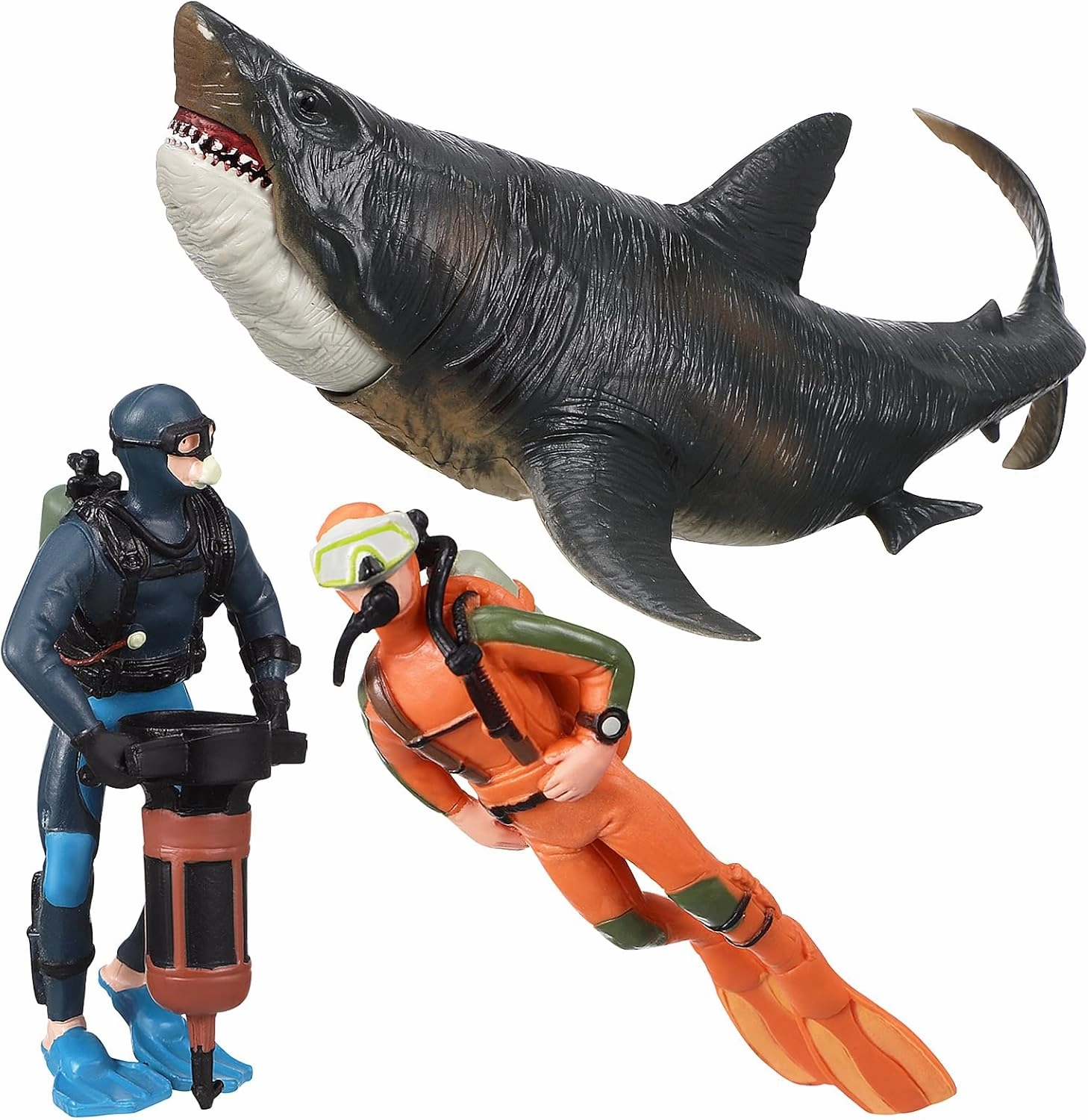 3 Pcs Scuba Diver Toys with Shark Figurines - Miniature Diver Action Figures for Kids - PVC Plastic Models for Decoration - 9.92 X 5.59 X 4.80 Inches