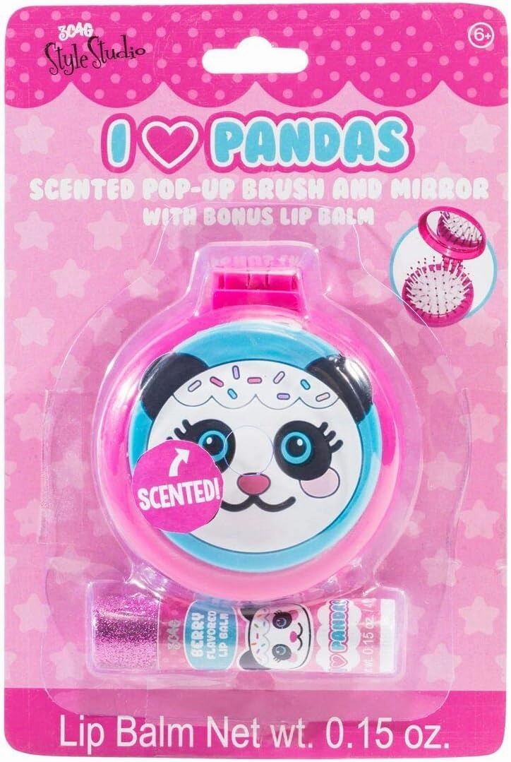3C4G Panda Folding Brush & Mirror with Bonus Lip Balm Set