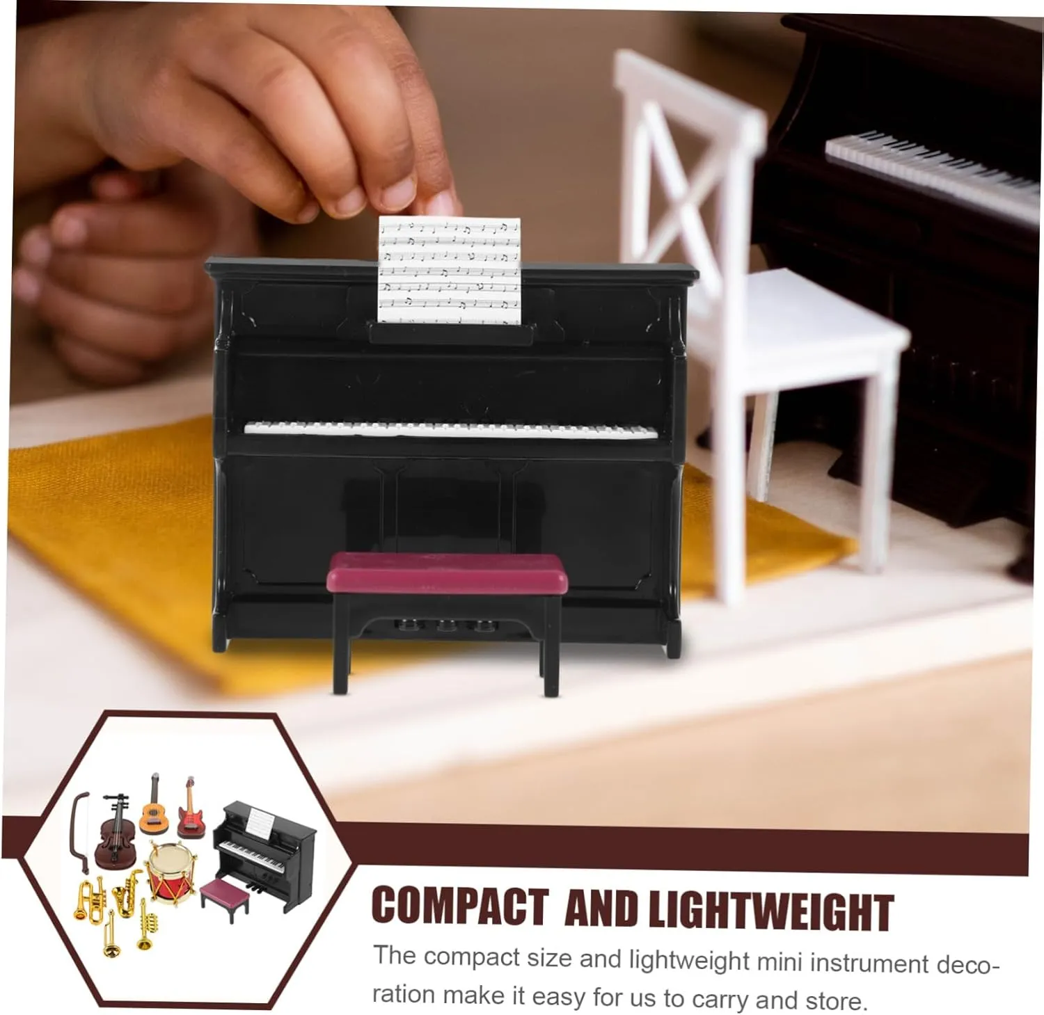 3sets Miniature Instrument Dollhouse Decoration Accessories for Piano Violin and Drum Scenes Wear-Resistant Musical Models for Creative Layouts and Displays