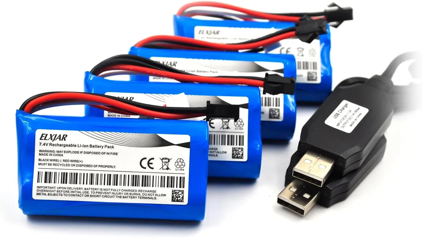 (4-Pack) 7.4V 1500mAh Li-ion Battery Replacement for MN D90/91, MN 99/99s RC Cars, H101 H103 H105 RC Boat RC Truck, T2 Syma S033G UDI U12A QS 8019 8004; with USB Charging Cable