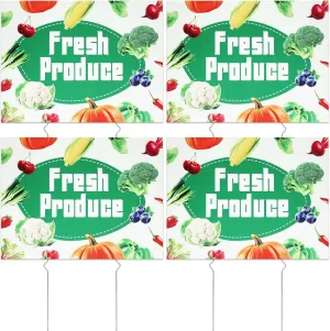 4 Pcs Fresh Produce Sign with Metal Ground Stakes, 12 x 16 Inch Fresh Produce Farmer's Market Vegetable Sign, Plastic Outdoor Yard Signs for Outdoors Business (4)