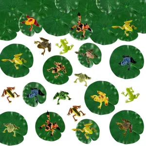 48 Pieces Mini Plastic Frog Toys and Artificial Lily Pads, Include Colorful Realistic Frogs Rainforest Animals Figures Character Toys and Floating Foam Leaves for Pool Decor Party Favor