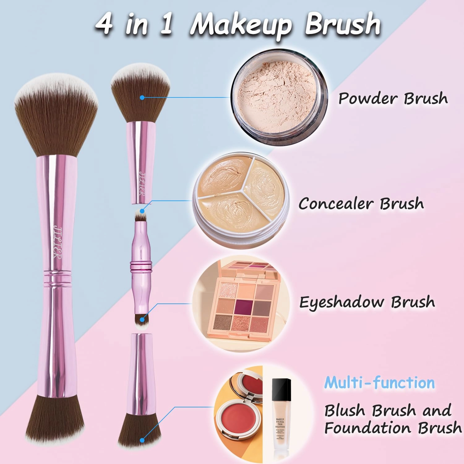 4 in 1 Makeup Brush Set, Travel Makeup Brushes with Case, Foundation Brush/Blush Brush, Eyeshadow Powder Brush,Concealer Brush (pink-silicon brush holder)