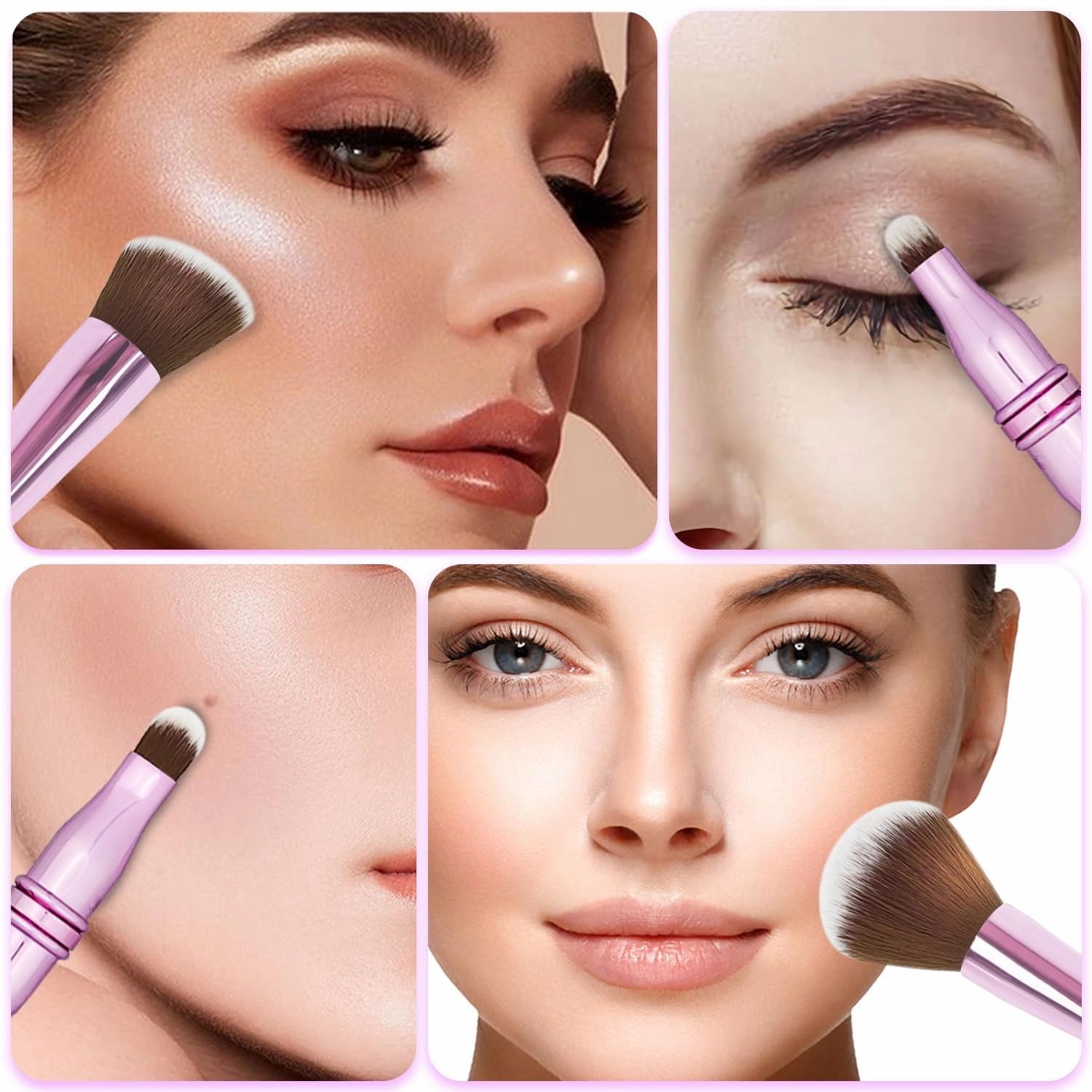 4 in 1 Makeup Brush Set, Travel Makeup Brushes with Case, Foundation Brush/Blush Brush, Eyeshadow Powder Brush,Concealer Brush (pink-silicon brush holder)