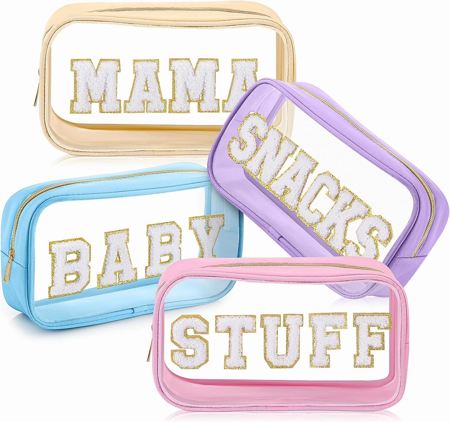 4 Pcs Mama and Baby Toiletry Bag Clear Chenille Letter Pouch Snacks Makeup Stuff Travel Diaper Bag Preppy Transparent Pouch with Zipper for Women Gift(Macarons Color)