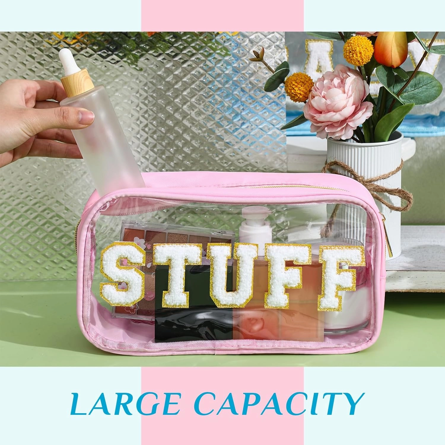 4 Pcs Mama and Baby Toiletry Bag Clear Chenille Letter Pouch Snacks Makeup Stuff Travel Diaper Bag Preppy Transparent Pouch with Zipper for Women Gift(Macarons Color)