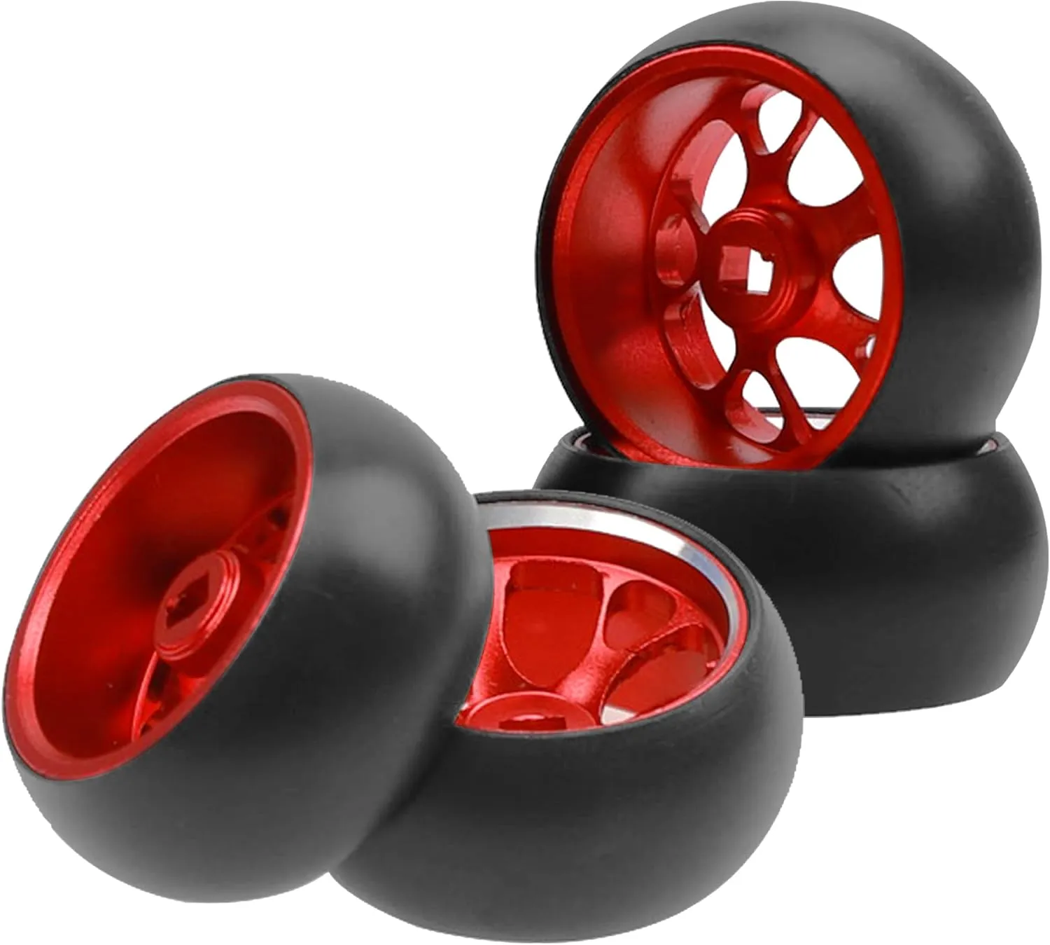 4Pack Vgoohobby 1/28 Tires Plastic Drift Car Tyres w/Alloy Wheel Rims Compatible with Wltoys K969 K989 Kyosho Mini-Z Mini-Q Mini-D 1/28 RC Drift Car (Red)