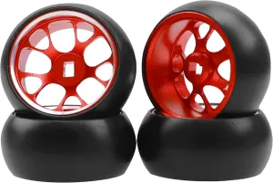 4Pack Vgoohobby 1/28 Tires Plastic Drift Car Tyres w/Alloy Wheel Rims Compatible with Wltoys K969 K989 Kyosho Mini-Z Mini-Q Mini-D 1/28 RC Drift Car (Red)