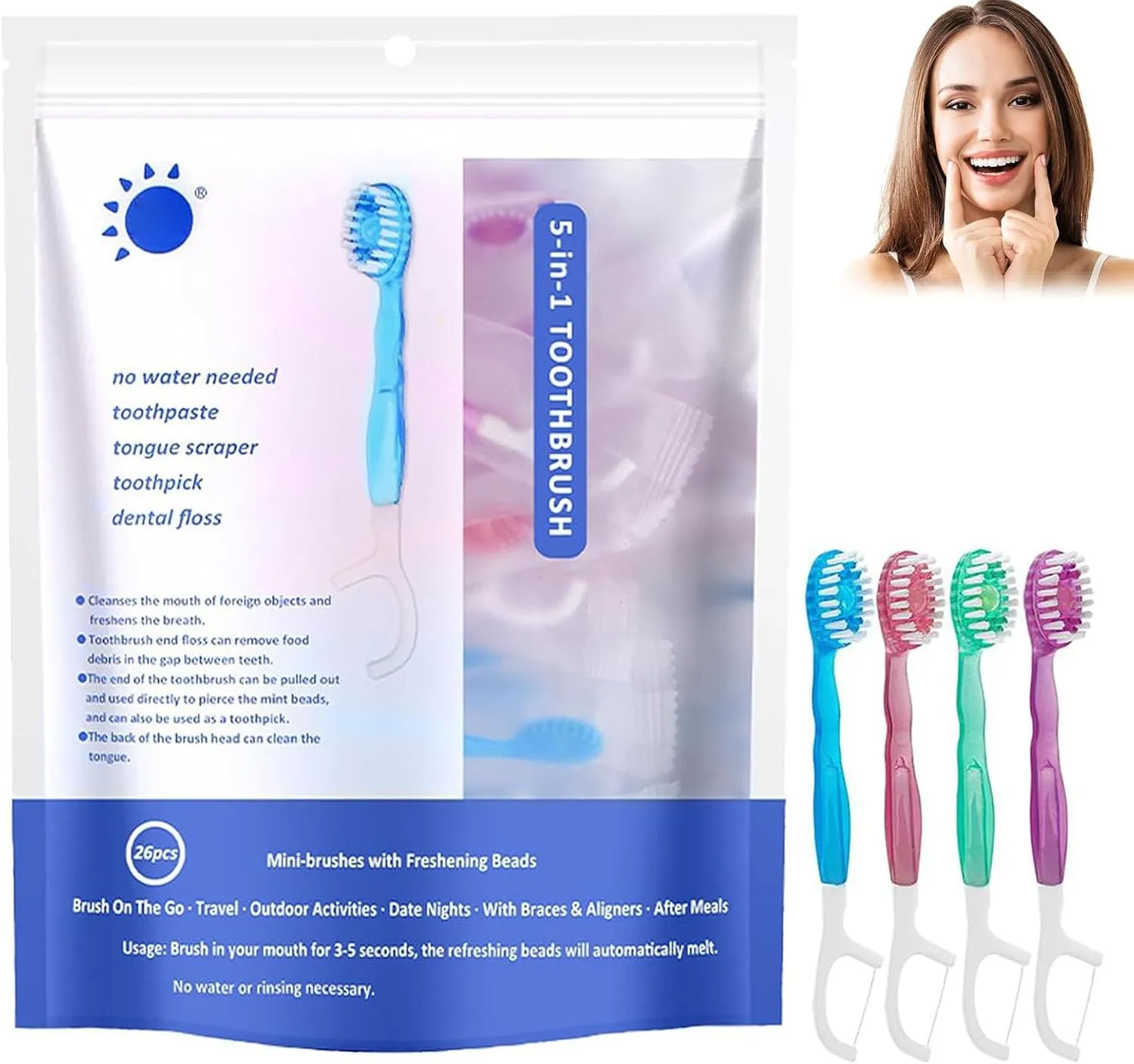 5 in 1 Mini Brush, Toothpaste and Floss, 26 Packs Disposable Toothbrushes with Toothpaste, Mini Toothbrushes Individually Wrapped Box, Oral Care On The Go Prepasted Travel Toothbrush