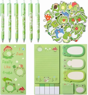 57Pcs Frog Sticky Notes with Pen Stickers Stationery Set 0.5mm Black Gel Ballpoint Pens Frog Self-Stick Notes Pads Cartoon Frog Vinyl Stickers Back to School Office Supplies Party Favor Gift