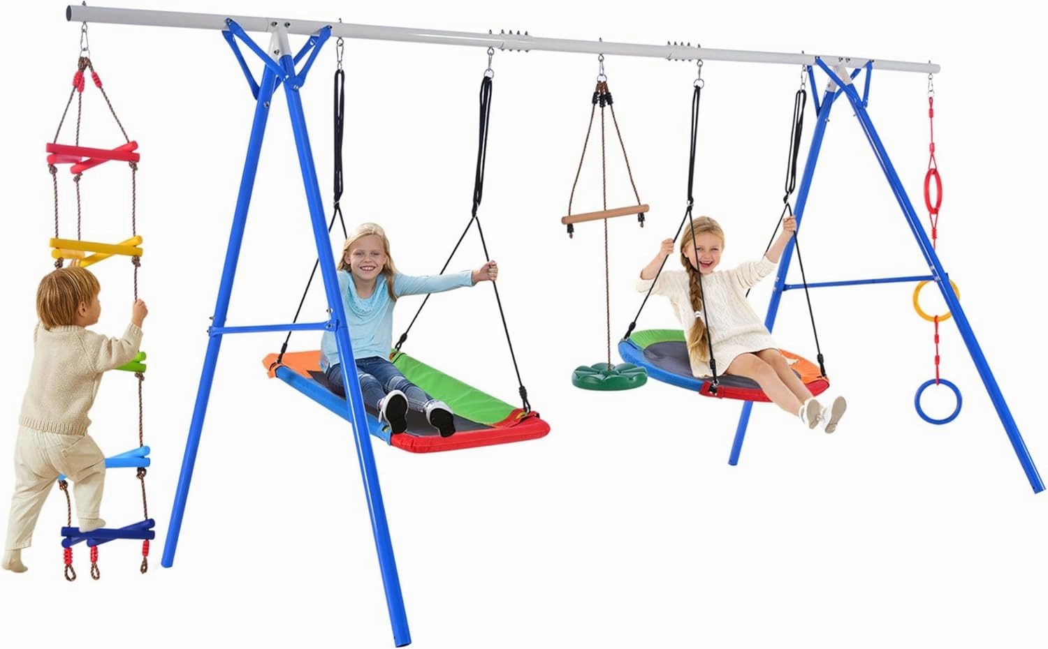 5 in 1 Outdoor Toddler Swing Set for Backyard, Playground with Steel Frame, Multifunction Playsets for Kids with Climbing Ladder, Saucer Swing