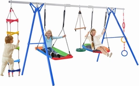 5 in 1 Outdoor Toddler Swing Set for Backyard, Playground with Steel Frame, Multifunction Playsets for Kids with Climbing Ladder, Saucer Swing