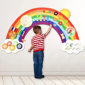 5FT Large Sunshine Rainbow Wooden Activity Wall Panel for Toddler Educational Montessori Toy for Kids Interactive Sensory Toys Sensory Activity Busy Board Daycare Learning Center Toddler Room Decor