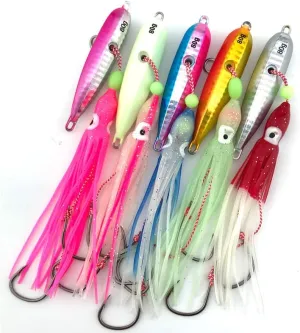 5pcs/lot Luminous Saltwater Fishing Lure Set - 80g, Ideal for Marlin, Snapper, and Grouper, Octopus Skirt Metal Jighead Fishing Bait with 80g Weight (B 5pcs)