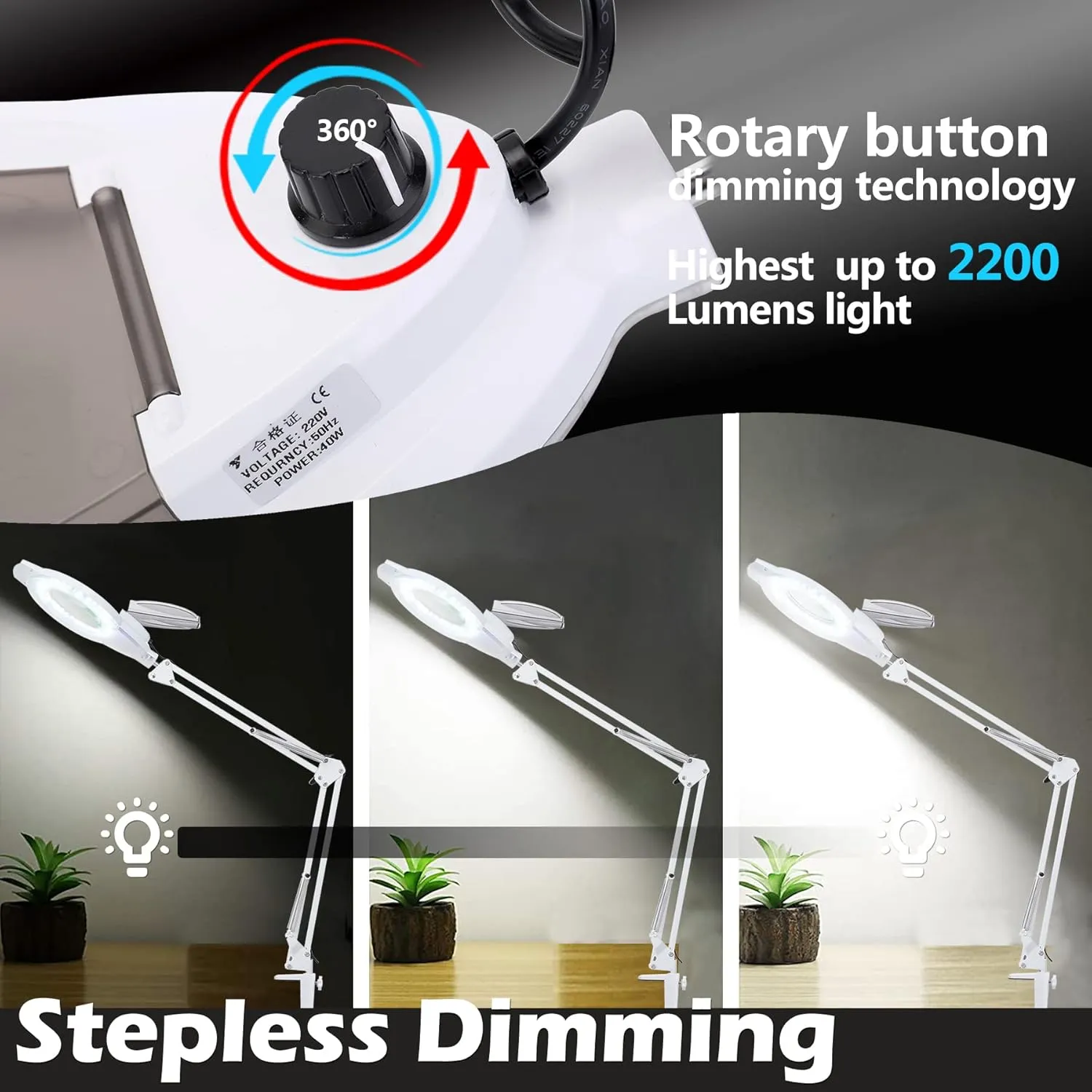 5X Magnifying Glass with Light and Stand, KIRKAS 2,200 Lumens Dimmable 8-Diopter Real Glass Lens LED Magnifying Lamp, Adjustable Arm Lighted Magnifier Light for Reading Repair Crafts Close Work- White