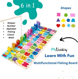 6-in-1 Wooden Montessori Toy – Fishing, Alphabet, Numbers, Shapes & Colors Matching Game – Educational Learning Toy for Toddlers & Preschool Kids (Ages 3 )