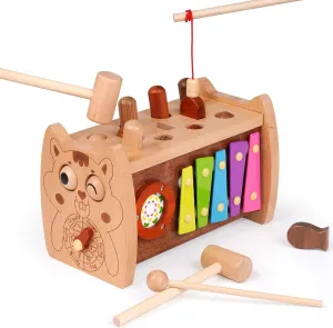 6 in 1 Wooden Montessori Toys Hammering Pounding Toy for 3 Year Old Whack A Mole Game for Toddlers Fine motor skills Toys with Xylophone Fishing Toy Toddler Activities for Baby 3 Year Old Birthday