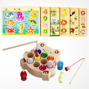 6 Pack Peg Puzzles & Magnetic Fishing Game for Toddlers 2-4 Years, Alphabet, Numbers, Animals, Color Sorting Montessori Toys for Fine Motor Skills